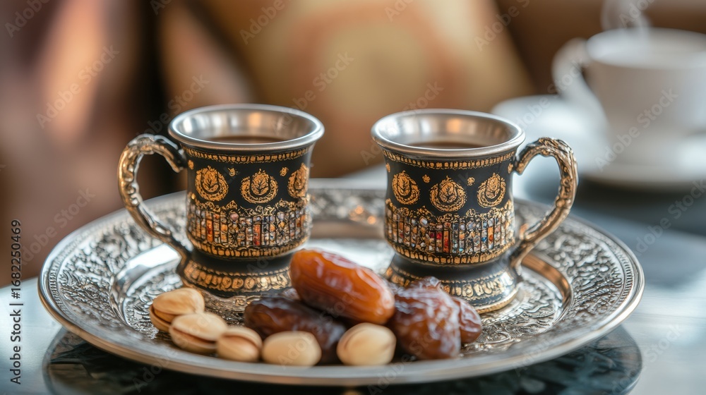 Fototapeta premium Golden coffee set with dates and nuts 