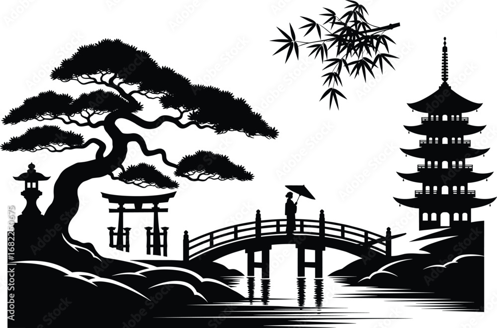 Naklejka premium Traditional Japanese garden landscape with bonsai tree, pagoda, torii gate, bridge, bamboo branch, and person holding umbrella silhouette vector.