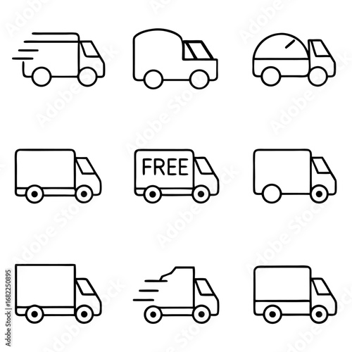 Various delivery truck icons, symbolizing fast shipping and free delivery services
