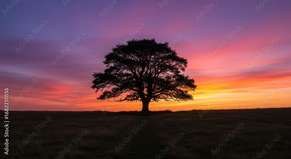 Obraz premium A solitary tree stands silhouetted against a vibrant sunset sky, painted in hues of orange, pink, and purple.