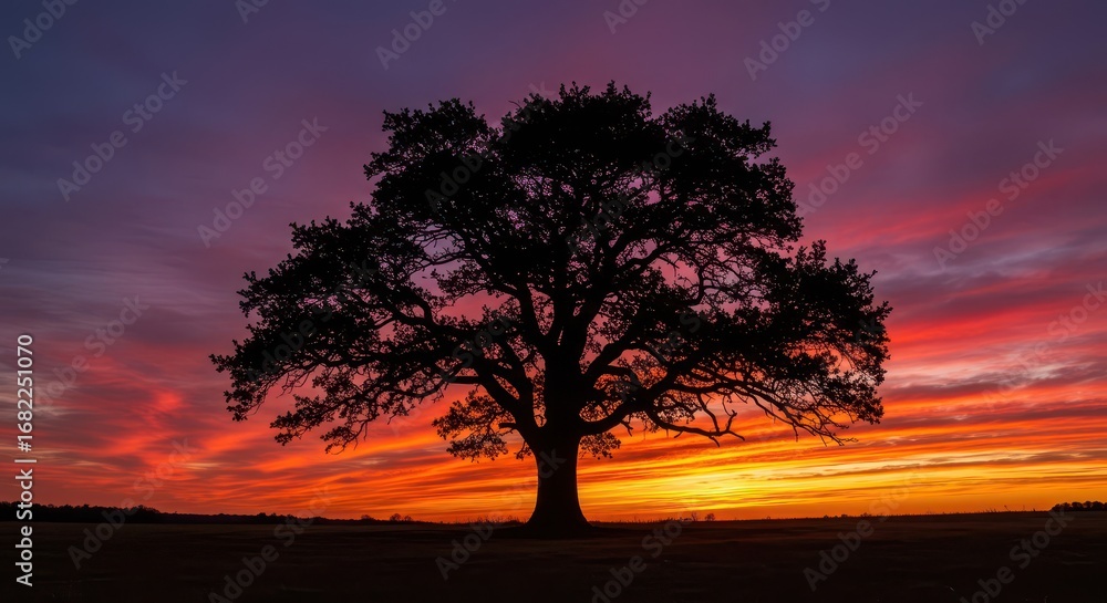 Obraz premium A solitary oak tree stands silhouetted against a vibrant sunrise, showcasing a dramatic color palette of fiery oranges, deep purples, and vivid pinks across a serene field.