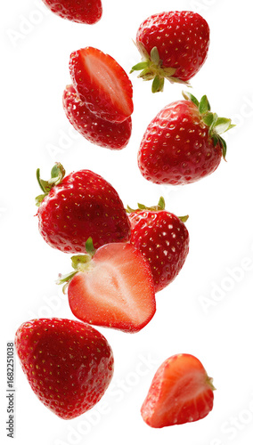 Fresh strawberries falling in a vertical composition.  Halves and whole berries in vibrant red
