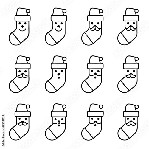 Christmas stocking icon set with santa hat and face for festive designs