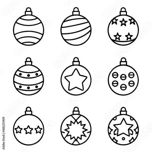 Collection of nine christmas ornament balls with star and stripe designs