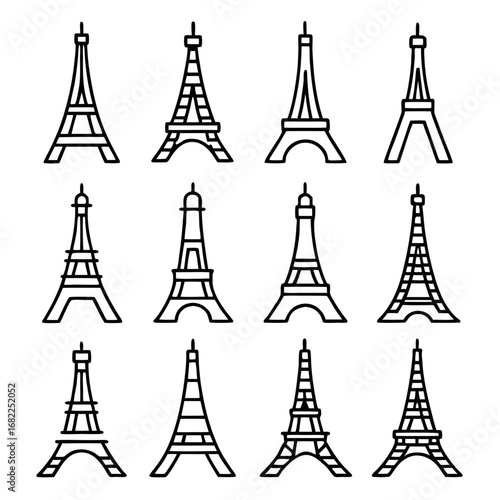 Collection of eiffel tower icons, representing paris, france, and travel, with various architectural styles