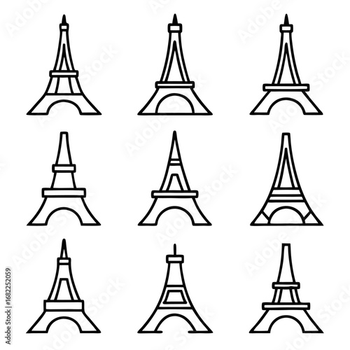Set of eiffel tower icons, representing the iconic parisian landmark and symbol of french culture and architecture