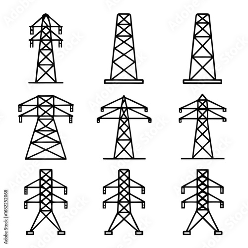 Set of black outline electricity pylon or power line transmission tower icons