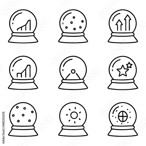 Set of nine crystal ball icons, representing future prediction and fortune telling in various aspects