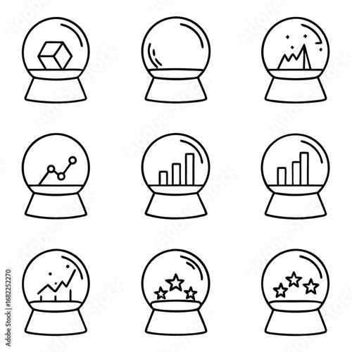 Set of nine crystal ball icons, representing future prediction and fortune telling in business