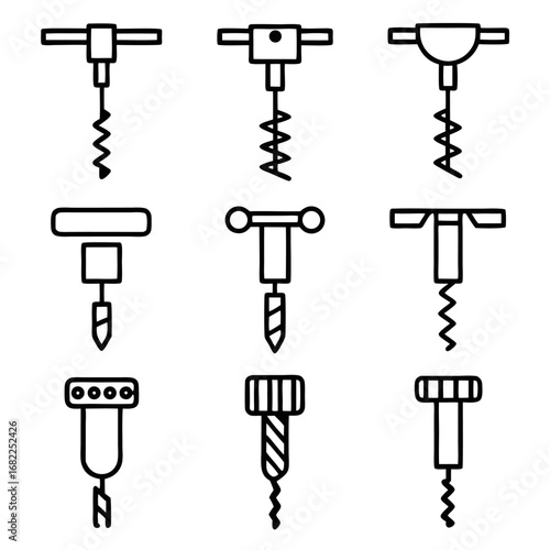 Set of auger drill icons, representing various types of drill bits for construction and carpentry