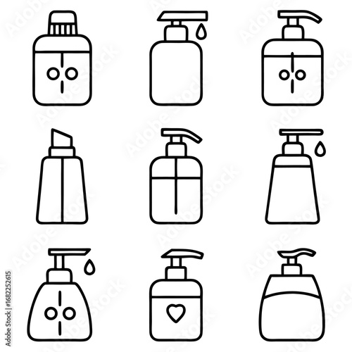 Set of soap and lotion bottles for hygiene, beauty, and personal care product presentation