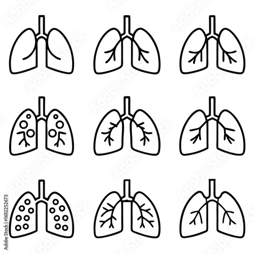 Lung disease progression icons, showing stages of respiratory illness and health