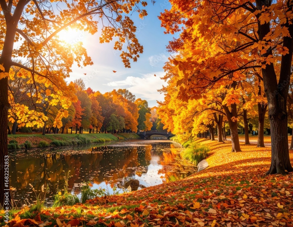 Obraz premium Beautiful autumn landscape with. Colorful foliage in the park. Falling leaves natural background