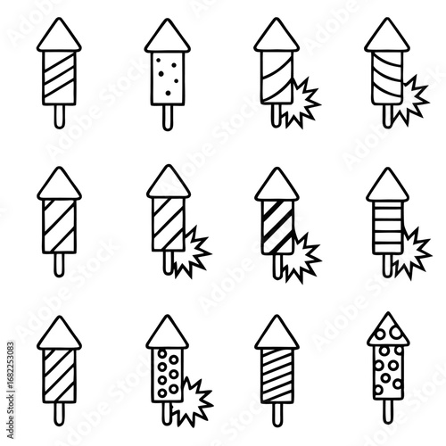 Set of twelve outline firecracker icons for festive celebrations and events