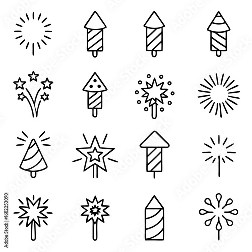 Set of sixteen outline firecracker icons for festive celebrations and graphic design
