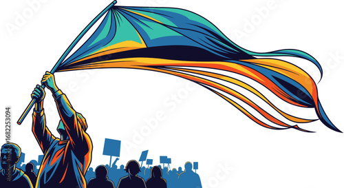 A protestor proudly waves a large, colorful flag over a crowd of demonstrators in a powerful illustration.