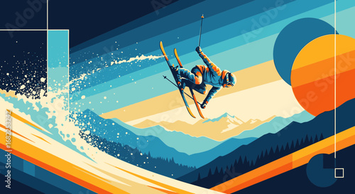 A dynamic illustration of a freestyle skier in mid-air against a stylized mountain landscape.