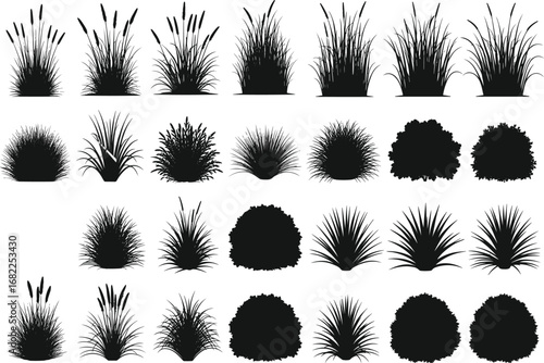 Black grass silhouette vector set, bush plant shapes, ornamental foliage, landscaping elements, garden design assets, botanical clipart, nature illustration bundle