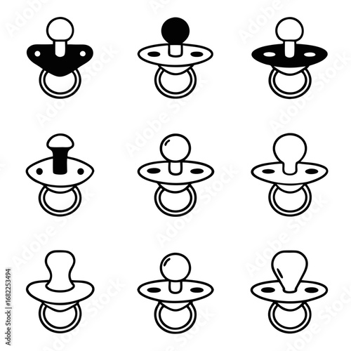 Collection of pacifier icons for baby care, comfort, and soothing needs