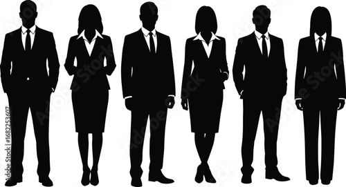 Business professionals silhouette, corporate team diversity, formal attire, male and female executives, standing pose, workplace concept, leadership, teamwork, business illustration, vector art
