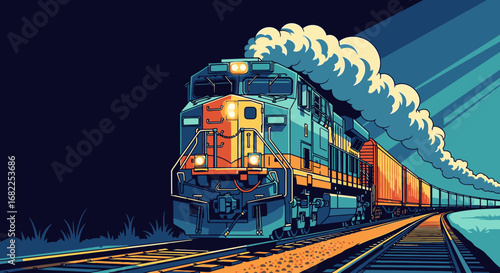 A stylized illustration of a powerful diesel freight train rounding a bend at night, with a large plume of smoke billowing from its engine.
