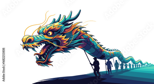 A vibrant, colorful illustration of a traditional Chinese dragon dance parade with people carrying a long puppet against a white background.