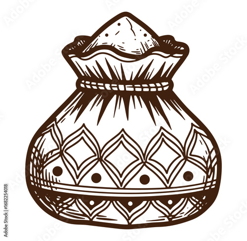 Vintage brown engraved sack filled with powder for decorative design and illustration