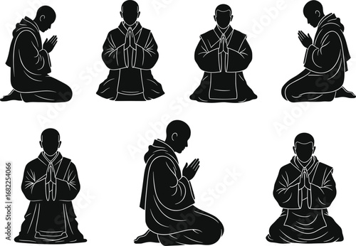 Monk silhouette illustration, spiritual meditation pose, praying figures vector, religious devotion artwork, peaceful kneeling monks, traditional robe posture, serene contemplative scene