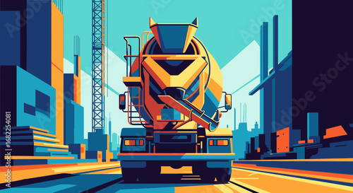 Stylized illustration of a cement mixer truck driving through a modern city construction site.