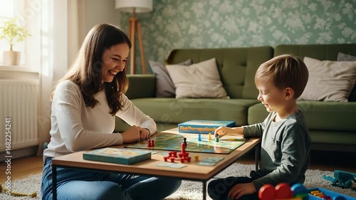 Joyful mother and son playing board game together on the living room floor, sharing happy family moments and quality time
