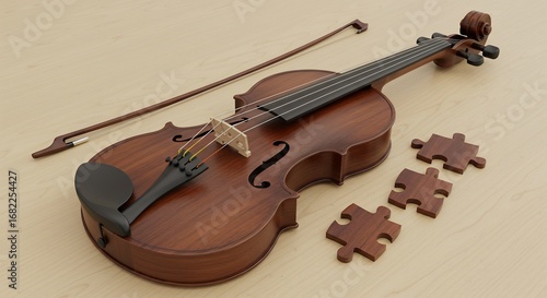 Richly toned violin rests gently beside intriguing wooden puzzle pieces. AI Generated