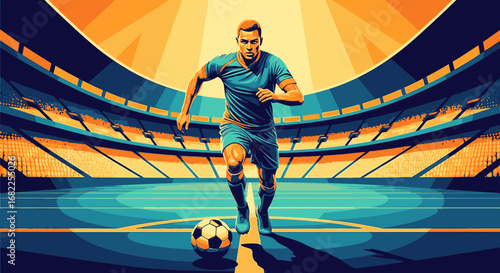 Dynamic illustration of a male soccer player dribbling a ball on the pitch inside a large, sunlit stadium.