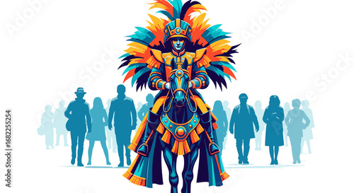 A vibrantly colored carnival figure in an elaborate feathered costume on horseback, contrasting with a silhouette crowd.