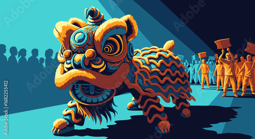 Vibrant graphic illustration of a traditional Chinese lion dance performance during a festival parade with a crowd watching.