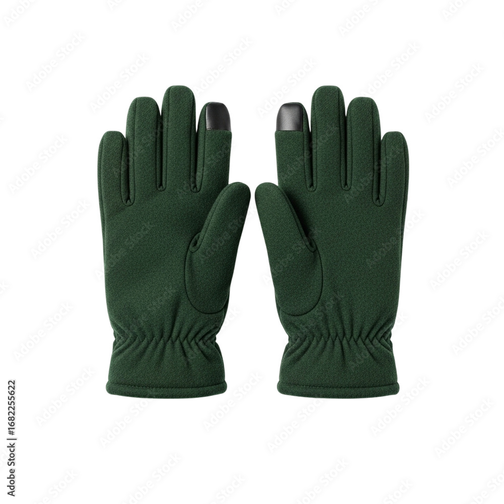 Obraz premium Pair of warm dark green gloves with touch screen compatible fingertips, for winter technology and outdoor lifestyle, isolated on white and transparent background