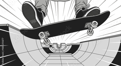 Black and white comic style illustration of a skateboarder in mid-air over a skate ramp from a low angle perspective.