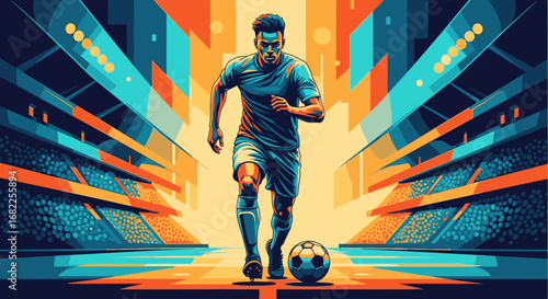 Dynamic graphic illustration of a soccer player dribbling a ball in a vibrant, stylized stadium.