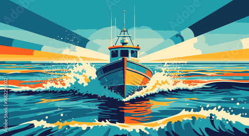 A stylized illustration of a fishing boat cutting through vibrant blue ocean waves at sunrise.