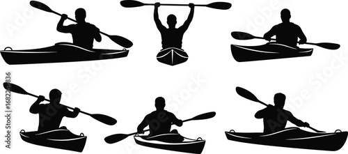 Kayaking Silhouettes – Vector Icons of Water Sports, Paddle Techniques, Outdoor Adventure, Canoe Poses for Recreation, Fitness, and Travel Themes