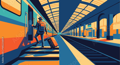 A traveler with luggage boards a train at a station, depicted in a striking graphic art style with a long perspective view.