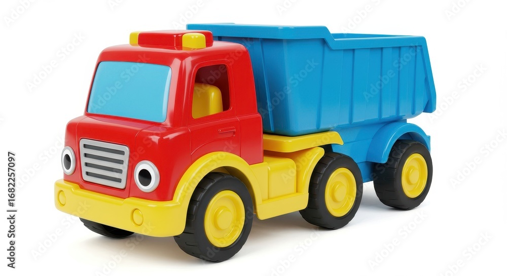 Fototapeta premium A colorful toy truck, vibrant in red, blue, and yellow hues, is highlighted against a plain white background.