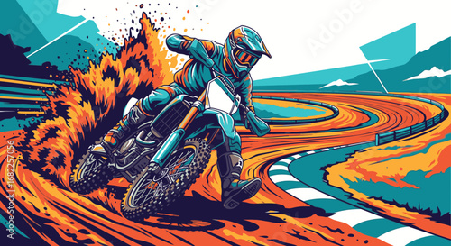 Dynamic illustration of a motocross rider racing on a dirt track, kicking up dust and debris in a sharp turn.
