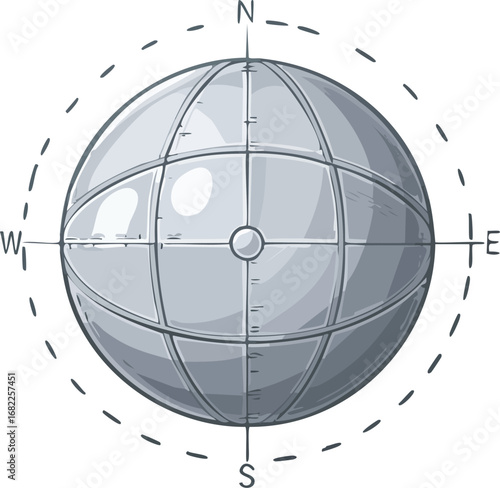 A stylized metallic sphere with compass directions, illustrating global positioning or navigation.