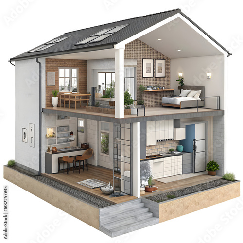Cutaway View of a Two-Story House Interior and Exterior on transparent background