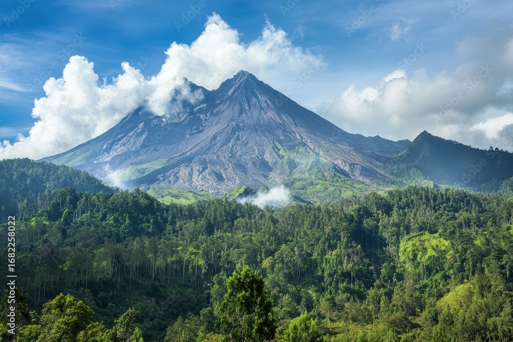 Fototapeta premium Volcano surrounded by green tropical forest 