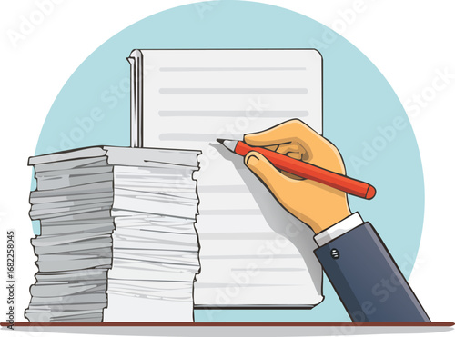 A hand diligently writes on a notepad, a large stack of papers nearby suggesting a busy workday or project.