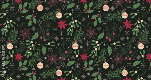 Seamless festive pattern with hand-drawn poinsettia, holly, mistletoe, and fir branches with decorative baubles on a dark background. For Christmas cards, gift wrapping, fabric, wallpaper, textiles