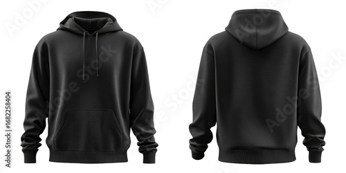 Front and back view of a plain black hoodie