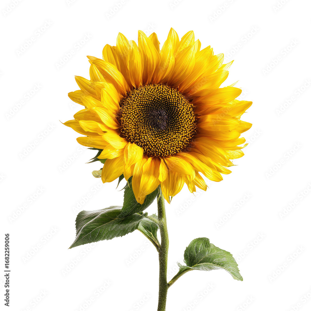 Fototapeta premium Close-up of a vibrant sunflower. Bright yellow petals radiate outward from a dark brown center. Green leaves accentuate the stem. Studio shot on a black background