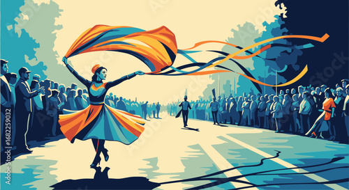 An illustration of a woman in a vibrant dress dancing with a flowing ribbon during a parade, as a crowd watches from the sidelines.